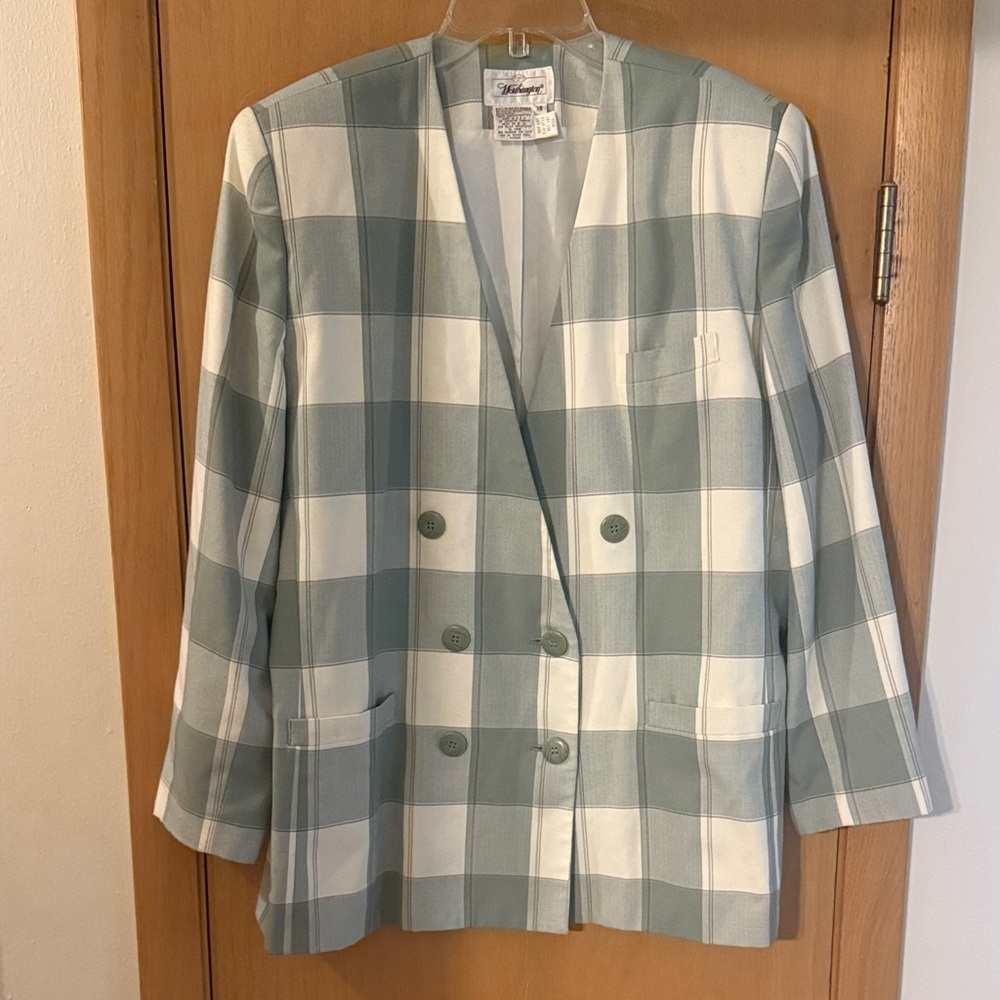 Worthington Women’s Vintage Plaid Double Breasted Blazer Jacket Green Size 18